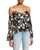 Floral-print Cold-shoulder Long-sleeve Cropped Blouse