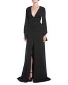 V-neck Long-sleeve Pineapple-jacquard Front-slit Evening Gown