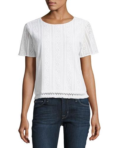 Fringed-hem Short-sleeve Crochet Tee, White