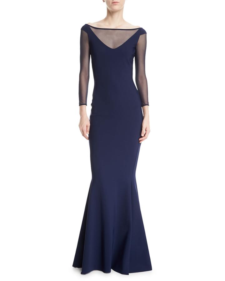 Bateau-neck Illusion Bow-back Trumpet Evening Gown