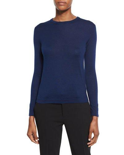 Long-sleeve Crewneck Cashmere Sweater, Prussian Blue