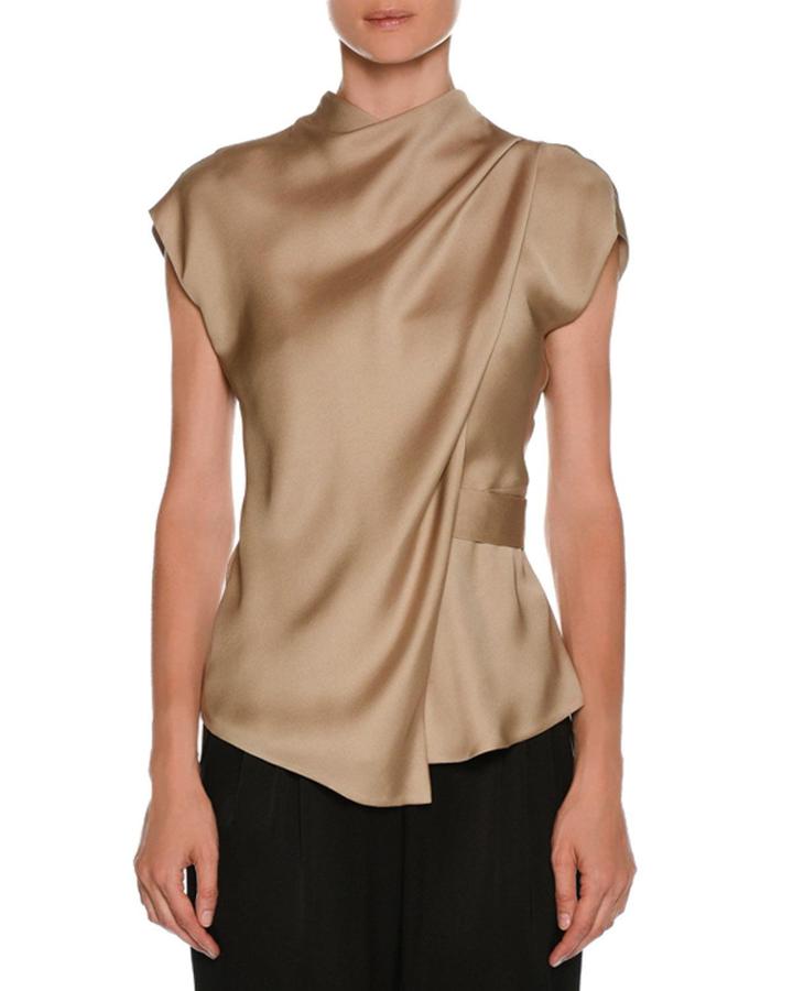 High-neck Cap-sleeve Silk Charmeuse Blouse