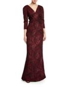 Draped V-neck 3/4-sleeve Stretch Jacquard Gown