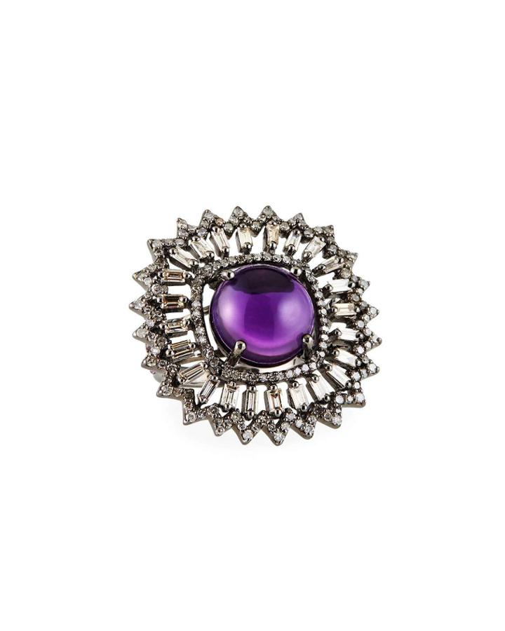 Amethyst & Diamond Pave Round Ring,