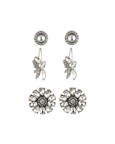 Floral Crystal Earring Trio, Set Of Three,