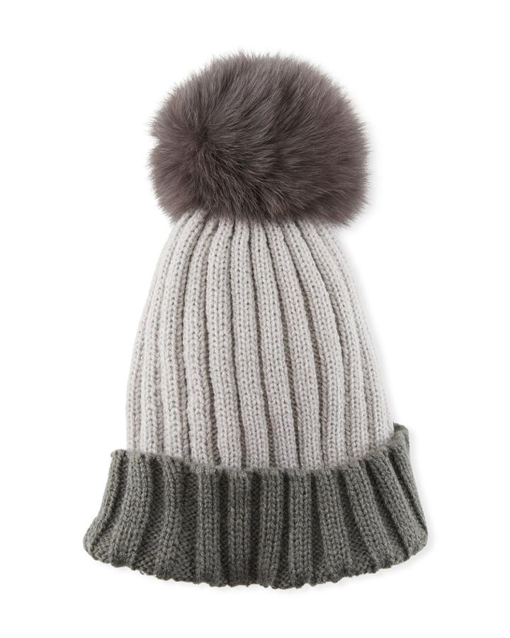 Colorblock Ribbed Beanie Hat With Fox Fur Pompom, Gray