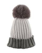 Colorblock Ribbed Beanie Hat With Fox Fur Pompom, Gray