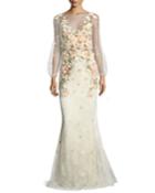 Bishop-sleeve Lace Evening Gown W/ Floral Appliques
