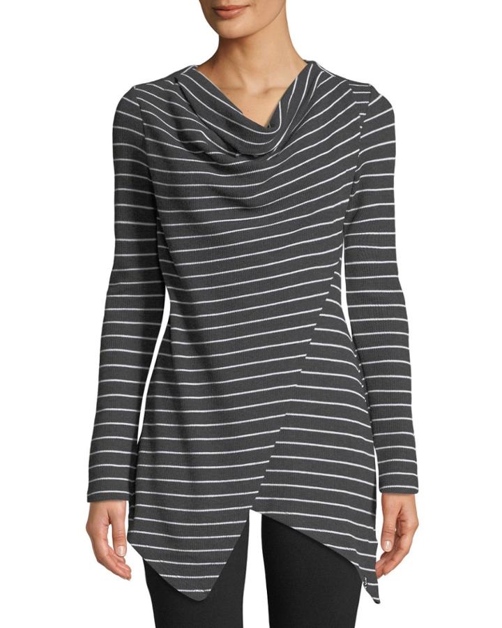 Striped Thermal Asymmetric Cowl-neck Tunic Top