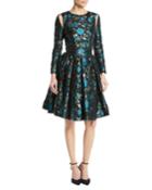 Cutout Long-sleeve Fit-and-flare Floral-jacquard Cocktail Dress