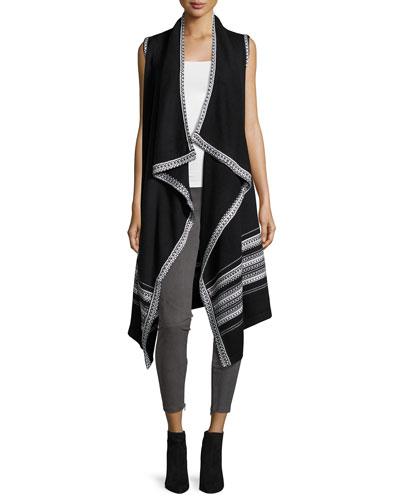 Open-front Long Vest, Black/ivory