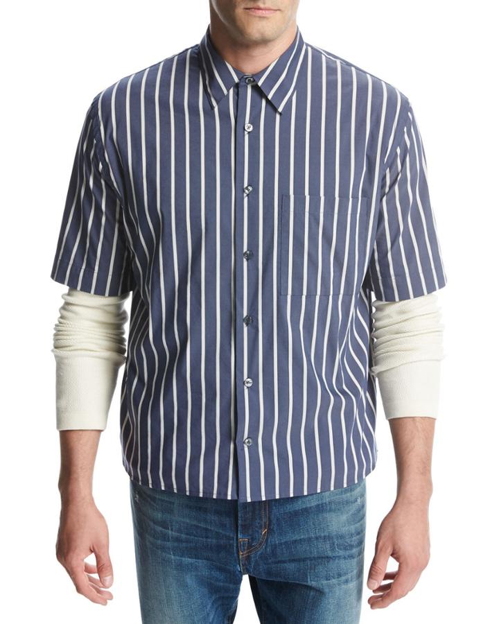 Narrow-stripe Short-sleeve Pleat-back