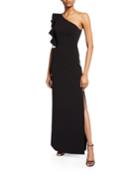 Flounce One-shoulder Crepe Column Gown With