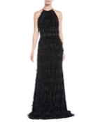 Beaded Fringe Halter Gown