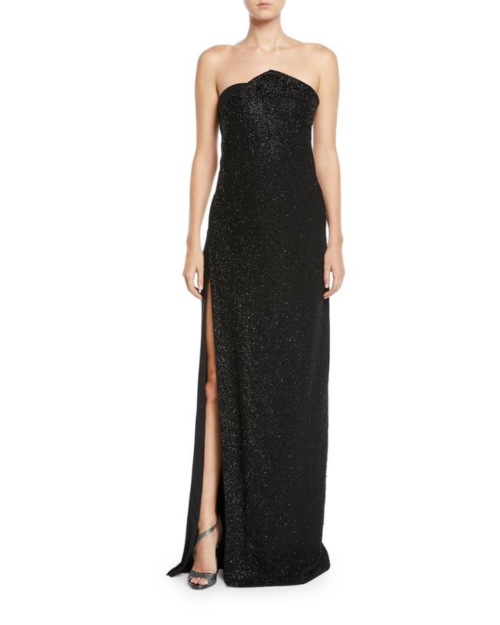 Chalet Strapless Slit-skirt Shimmer Column Gown