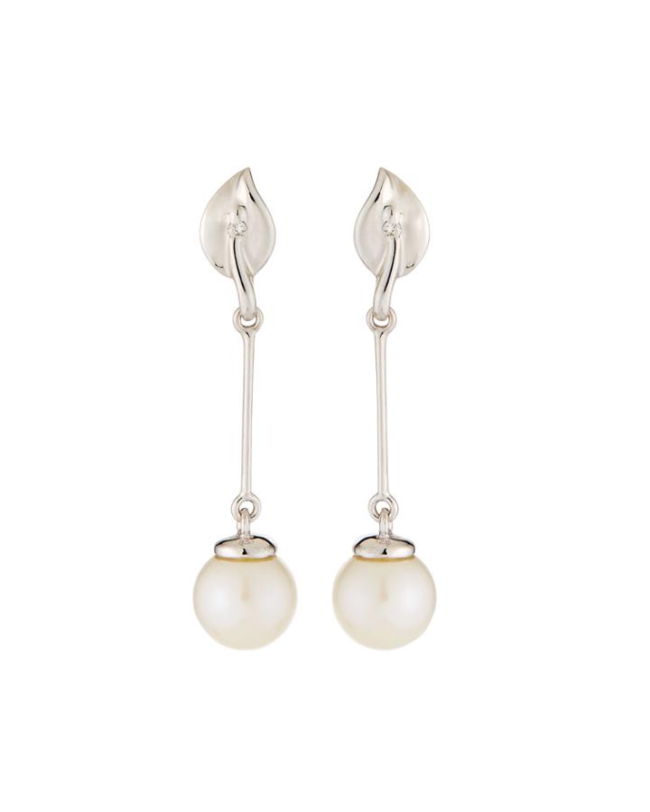 14k White Gold 1-diamond Stick Dangle Pearl Earrings