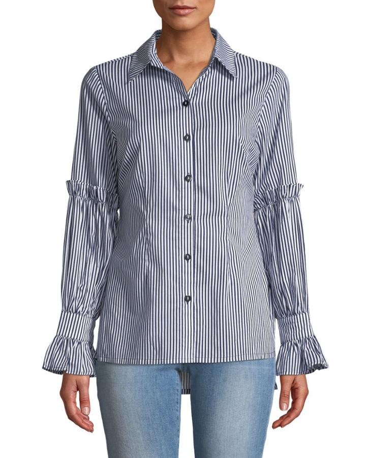 Striped Tulip-sleeve Button-front Blouse