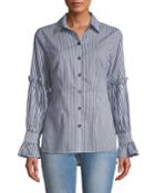 Striped Tulip-sleeve Button-front Blouse