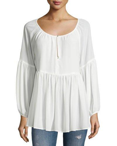 Gallon Pleated Long-sleeve Top, White