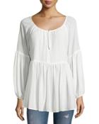 Gallon Pleated Long-sleeve Top, White