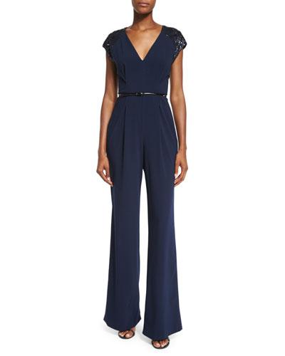 Embellished Cap-sleeve V-neck Jumpsuit, Navy