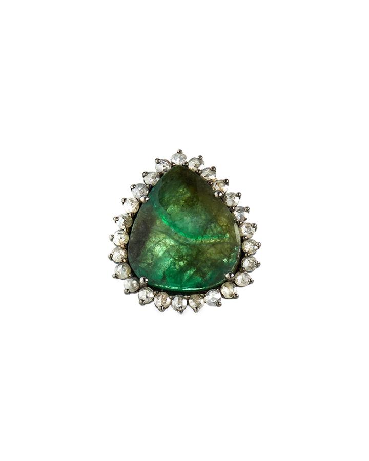 Diamond And Emerald-pear Ring,