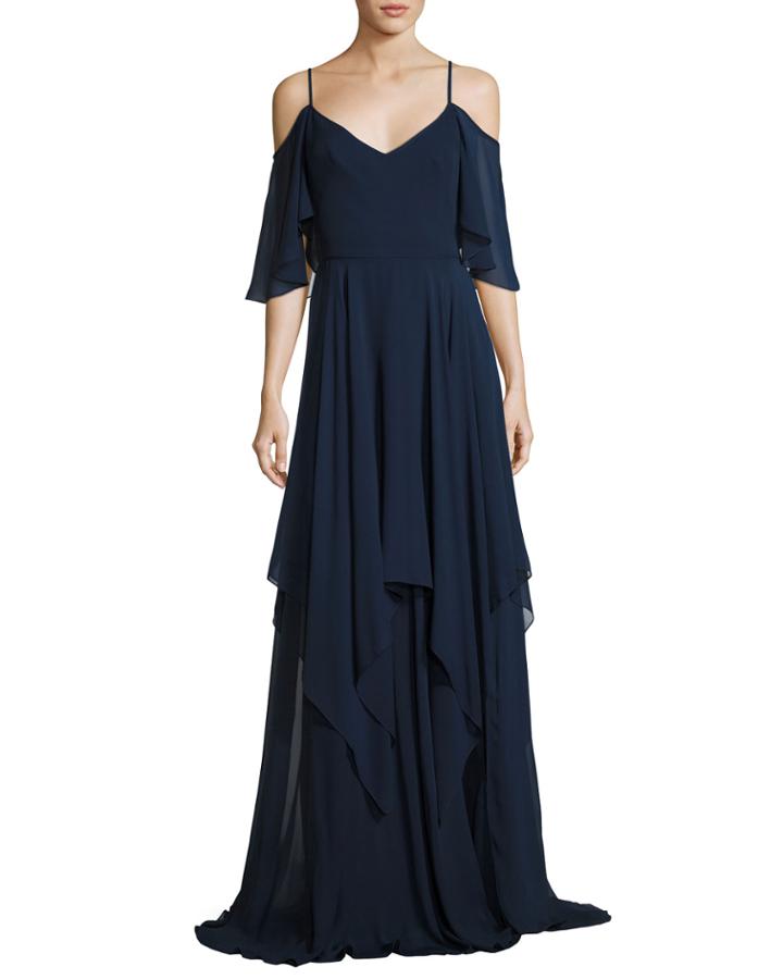 Cold-shoulder Silk Georgette Gown, Blue