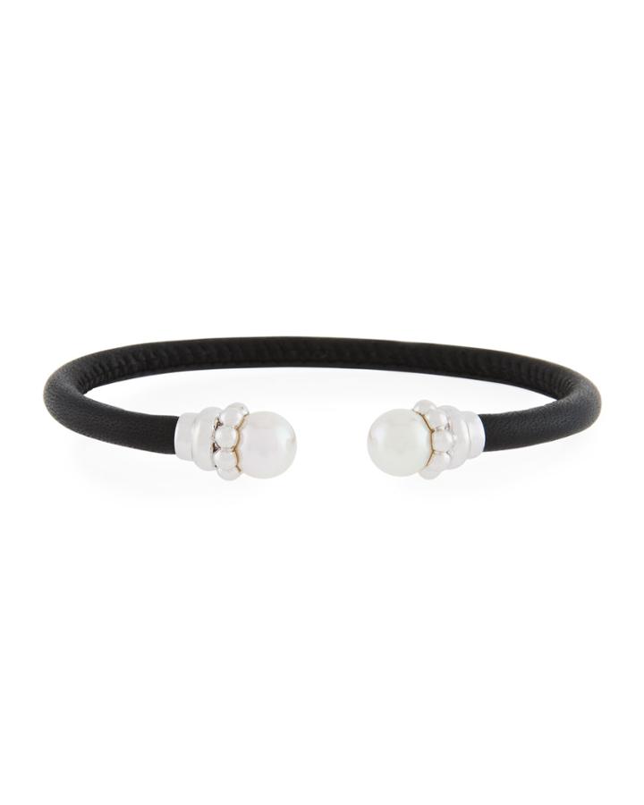 Leather & Pearl Bangle Bracelet, Black/white