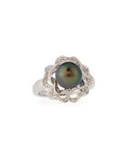 14k Tahitian Pearl & Diamond Flower Ring,
