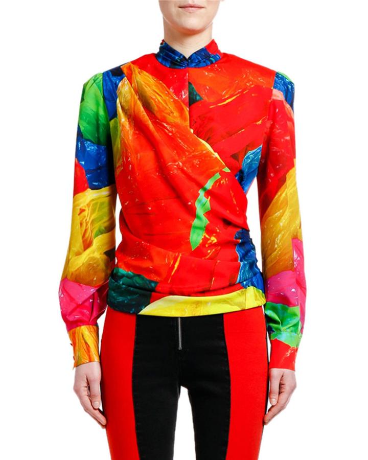 Printed Mock-neck Long-sleeve Blouse