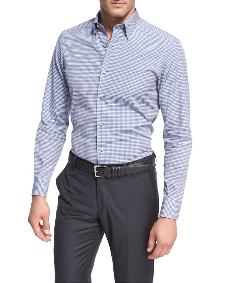 Check Cotton Dress Shirt, Medium Gray/white/navy