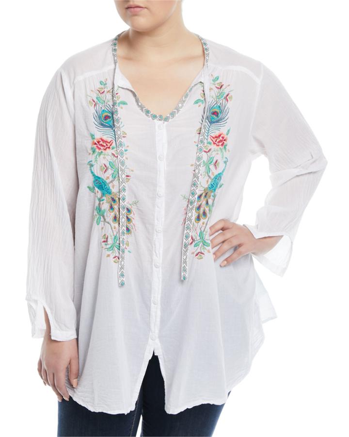 Peacock Embroidered Button-front Peasant Blouse,