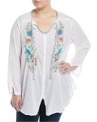 Peacock Embroidered Button-front Peasant Blouse,