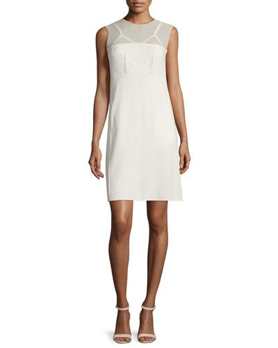 Sleeveless Sheer-yoke Dress, Cream