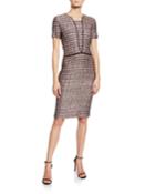 Short-sleeve Multi Textured Inlay Knit Dress W/ Contrast