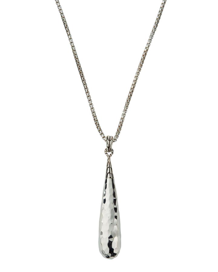 Classic Chain Hammered Silver Drop Pendant On 16mm Box Chain Necklace