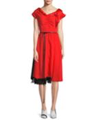 Cap-sleeve V-neck Belted Satin Dress W/