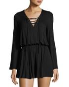 Lace-up Long-sleeve Romper, Black