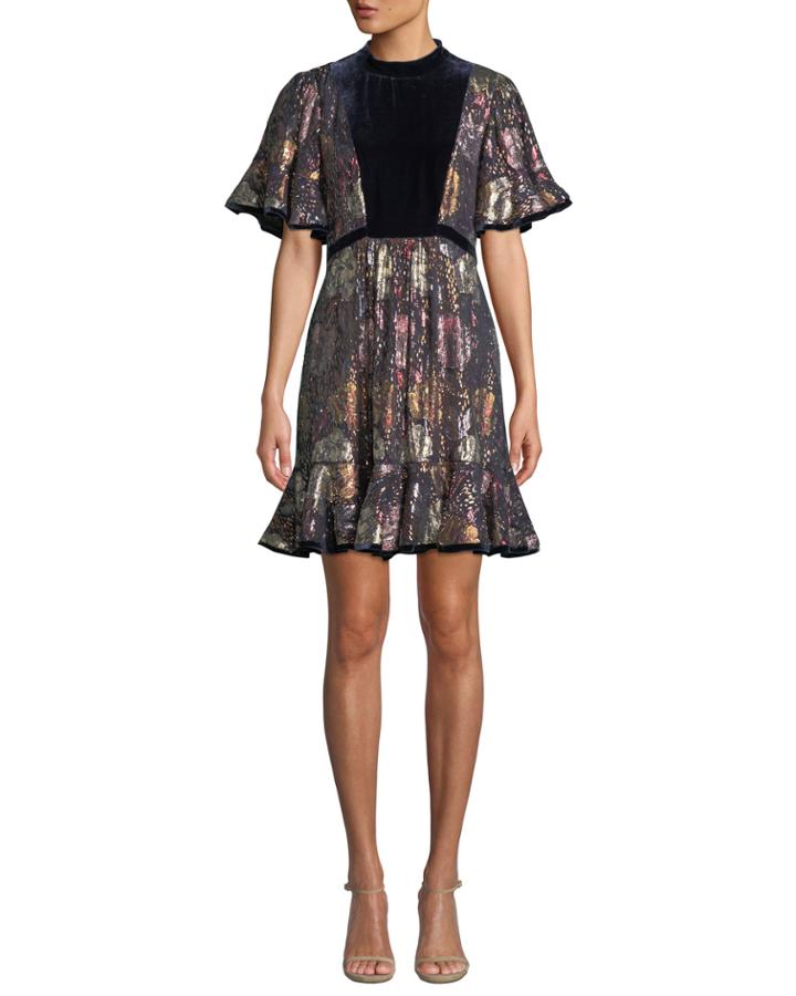 Short-sleeve Clip Velvet Flounce Dress