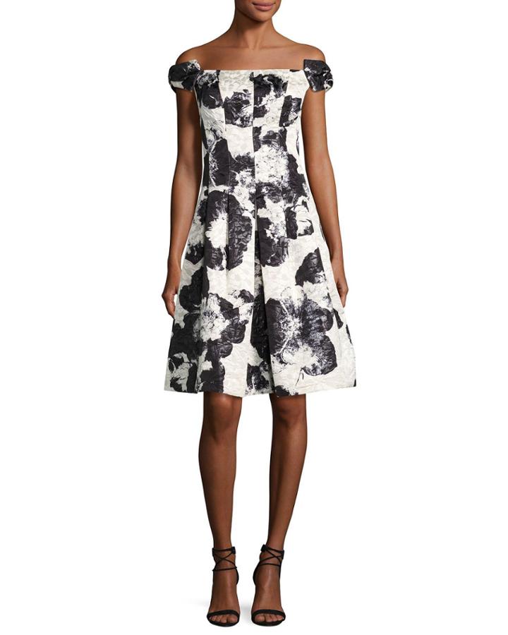 Off-the-shoulder Floral Jacquard Fit-&-flare Dress, Black Pattern