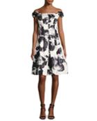 Off-the-shoulder Floral Jacquard Fit-&-flare Dress, Black Pattern