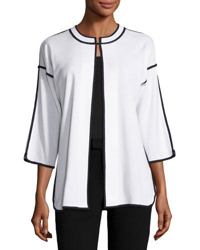 Contrast-trim Knit Long Jacket, White/black