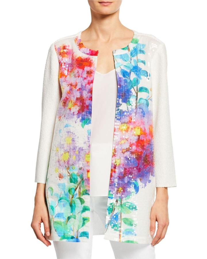 Crinkle Glisten Floral-print 3/4-sleeve