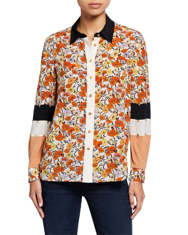 Blossom Ditsy Patchwork Button-down Silk Shirt W/