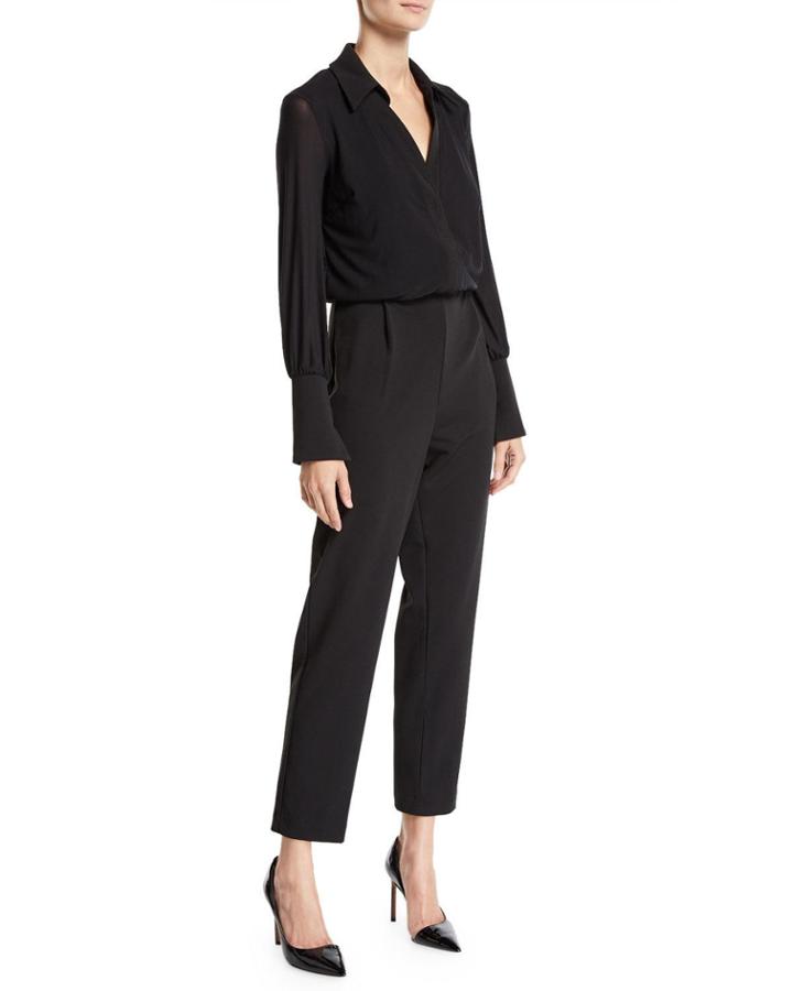 Mesh-sleeve Collared Jumpsuit