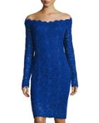 Long-sleeve Off-the-shoulder Lace Dress, Royal