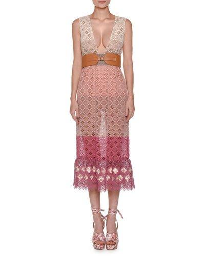 Sleeveless Colorblock Lace Midi Dress, Pink