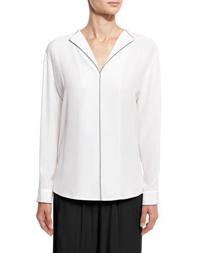 Long-sleeve Silk Blouse, White/black