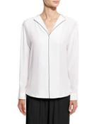 Long-sleeve Silk Blouse, White/black