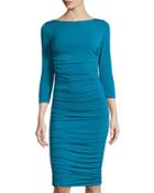 Ruched 3/4-sleeve Jersey Dress, Teal